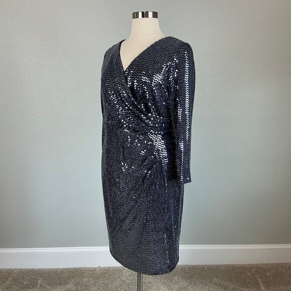 Betsy & Adam Metallic Long Sleeve Sheath Cocktail Dress Size 18W Blue V-Neck - Picture 4 of 14